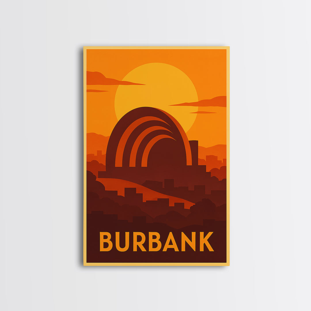 Burbank Travel Poster, Canvas Print, Warm Sunset Silhouette Art, Burbank Wall Art, Mid Century Wall Art, Vintage Travel Print, Design 2