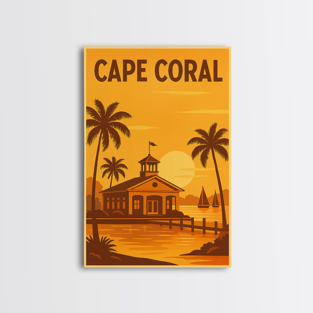 Cape Coral Florida Travel Poster, Framed Canvas Print, Golden Travel Poster Art, Cape Coral City Art, Wanderlust Decor, Eclectic Wall Decor
