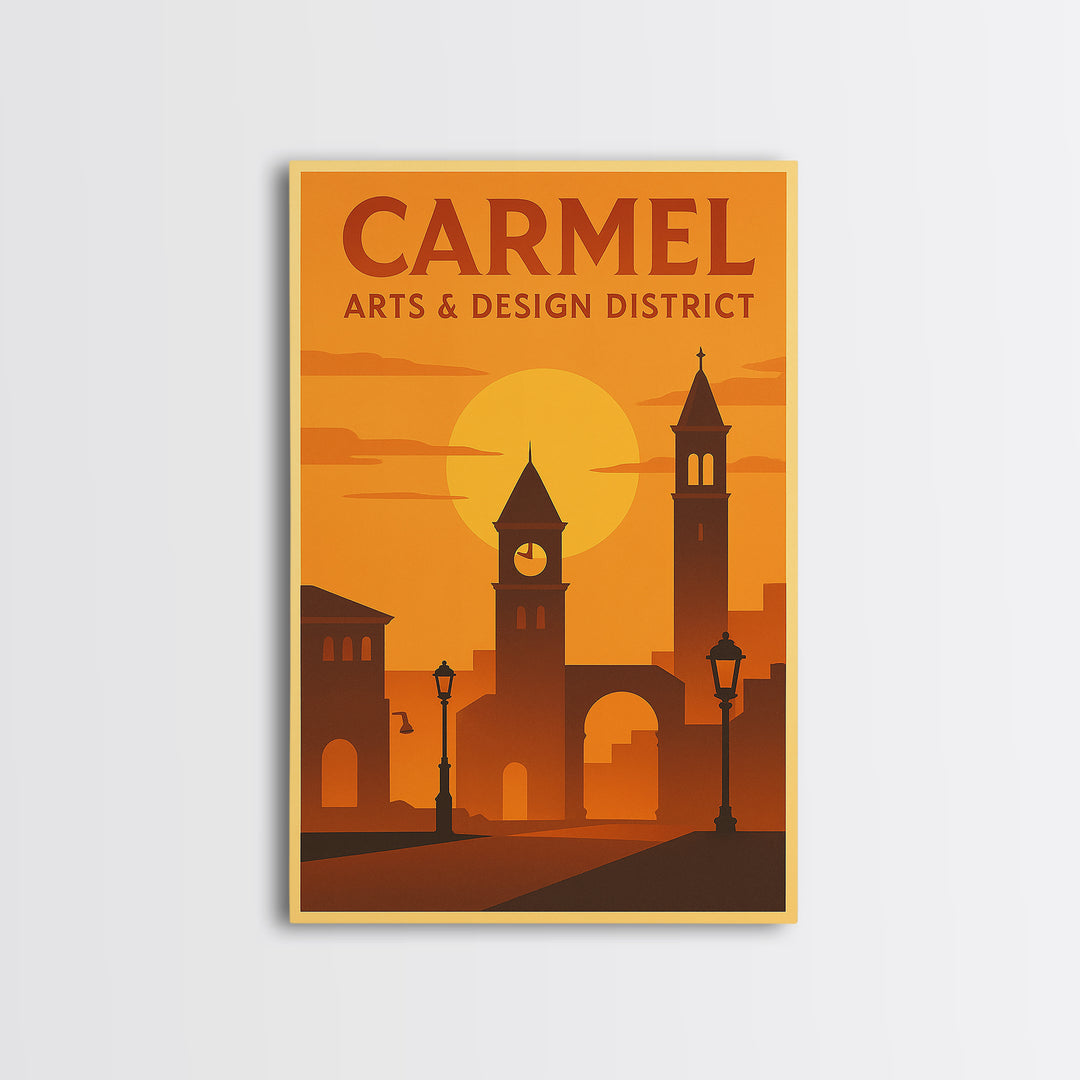 Carmel Indiana Travel Poster, Canvas Print, Warm Sunset Silhouette Art, Carmel Art Print, Fine Art Print, Wall Decor, Travel Poster Set