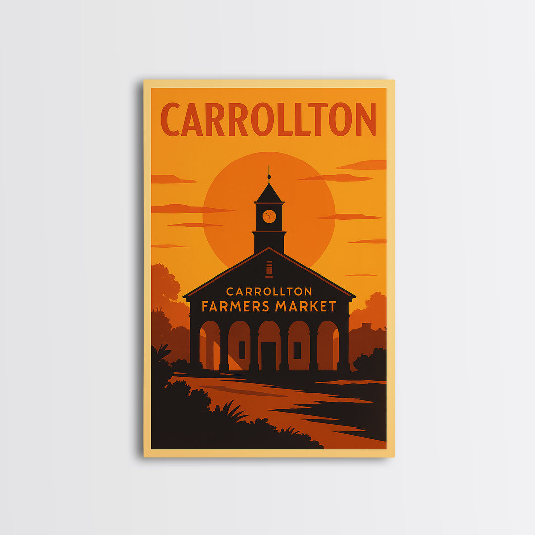 Carrollton Texas Travel Poster, Framed Canvas Print, Golden Travel Poster Art, Carrollton City Art, Home Office Decor, Retro Travel Print