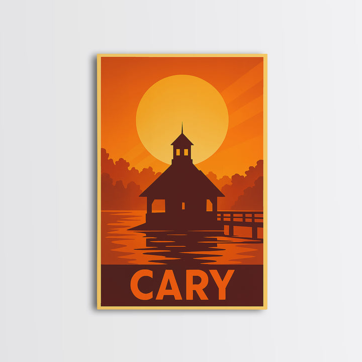 Cary Travel Poster, Framed Canvas Print, Golden Travel Poster Art, Cary City Art, City Travel Prints, Retro Travel Print, City Art Print