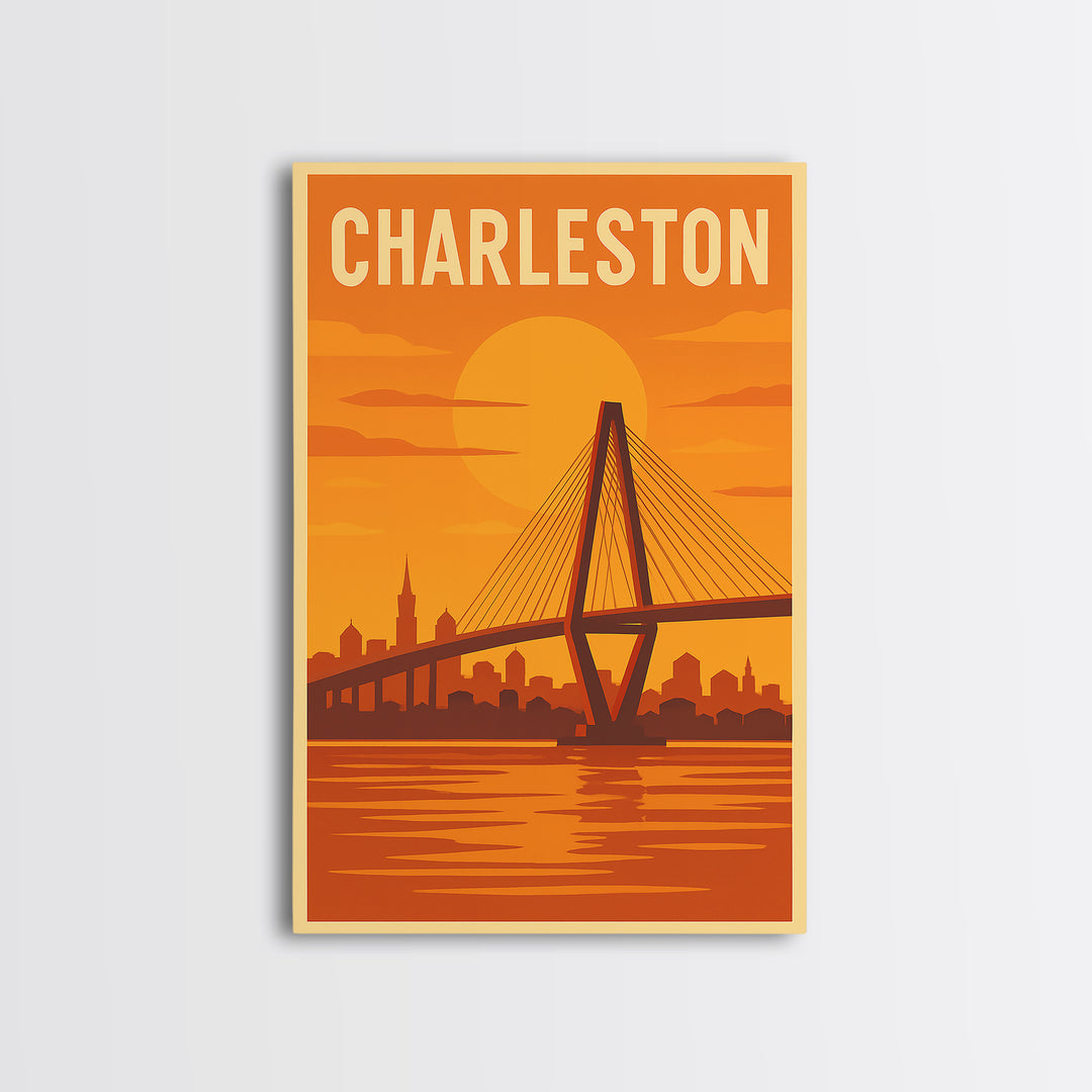 Charleston South Carolina Travel Poster, Canvas Print, Warm Sunset Silhouette Art, Charleston City Art, Fine Art Print, Travel Poster Art