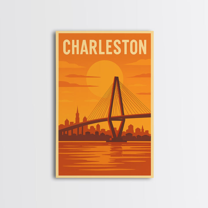 Charleston South Carolina Travel Poster, Canvas Print, Warm Sunset Silhouette Art, Charleston City Art, Fine Art Print, Travel Poster Art
