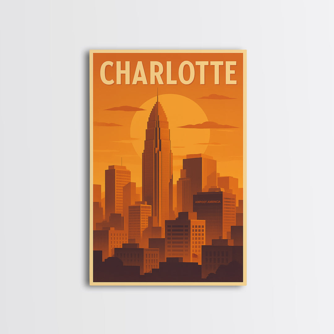 Charlotte North Carolina Travel Poster, Canvas Print, Gold Art Deco Poster Art, Charlotte Travel Art, Eclectic Wall Decor, Travel Wall Art