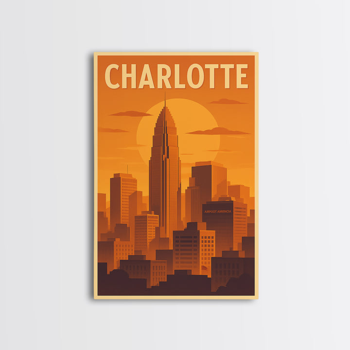 Charlotte North Carolina Travel Poster, Canvas Print, Gold Art Deco Poster Art, Charlotte Travel Art, Eclectic Wall Decor, Travel Wall Art