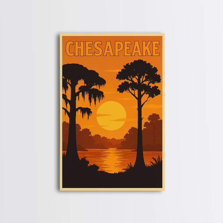 Chesapeake Virginia Travel Poster, Canvas Print, Warm Sunset Silhouette Art, Chesapeake Wall Art, City Travel Prints, Vintage City Poster