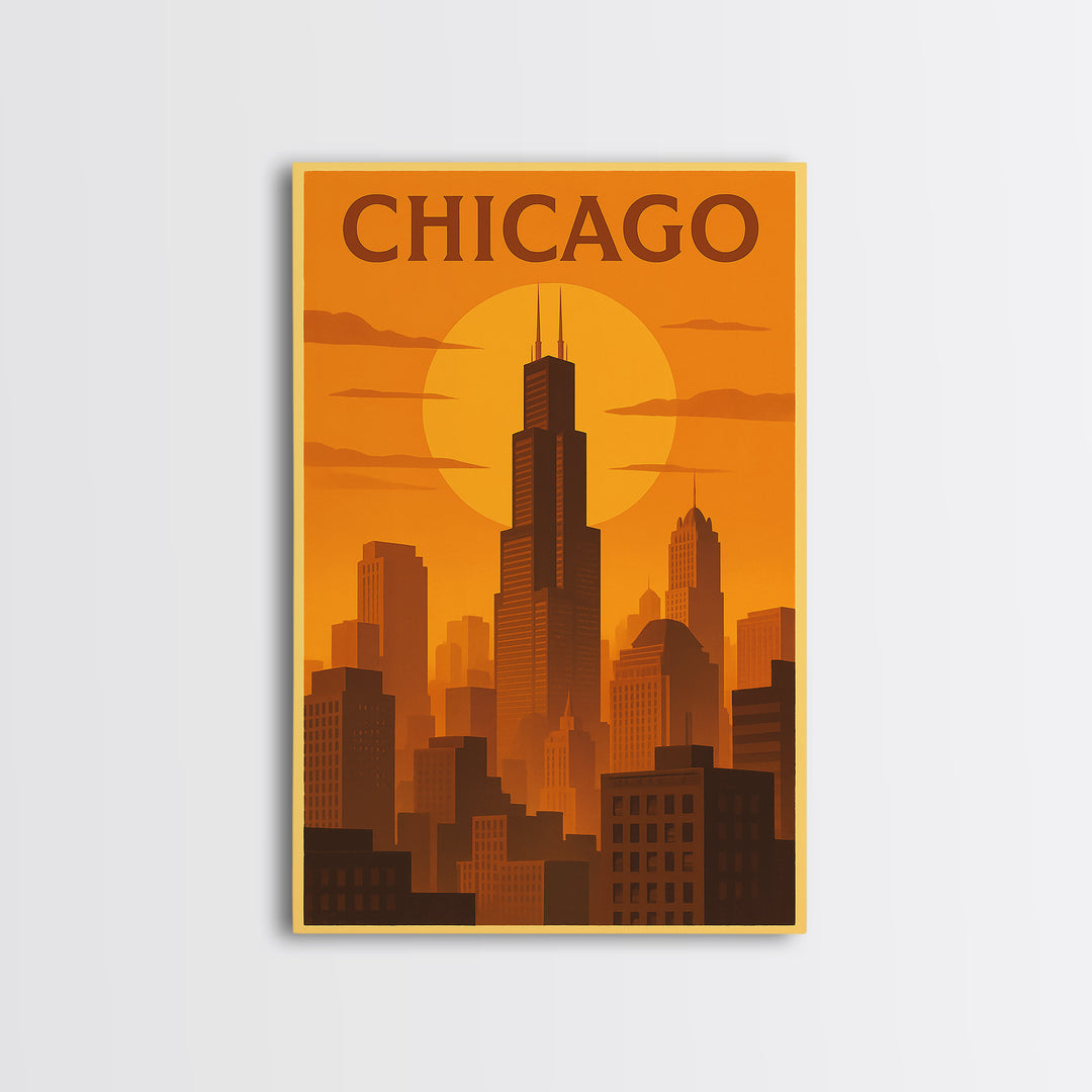 Chicago Illinois Travel Poster, Canvas Print, Warm Sunset Silhouette Art, Chicago Poster Print, Travel Print, Travel Wall Art, Home Decor