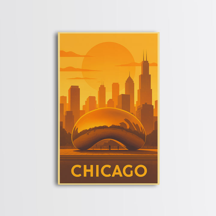 Chicago Travel Poster, Framed Canvas Print, Warm Sunset Silhouette Art, Chicago Poster Print, Modern Wall Decor, Travel Wall Decor