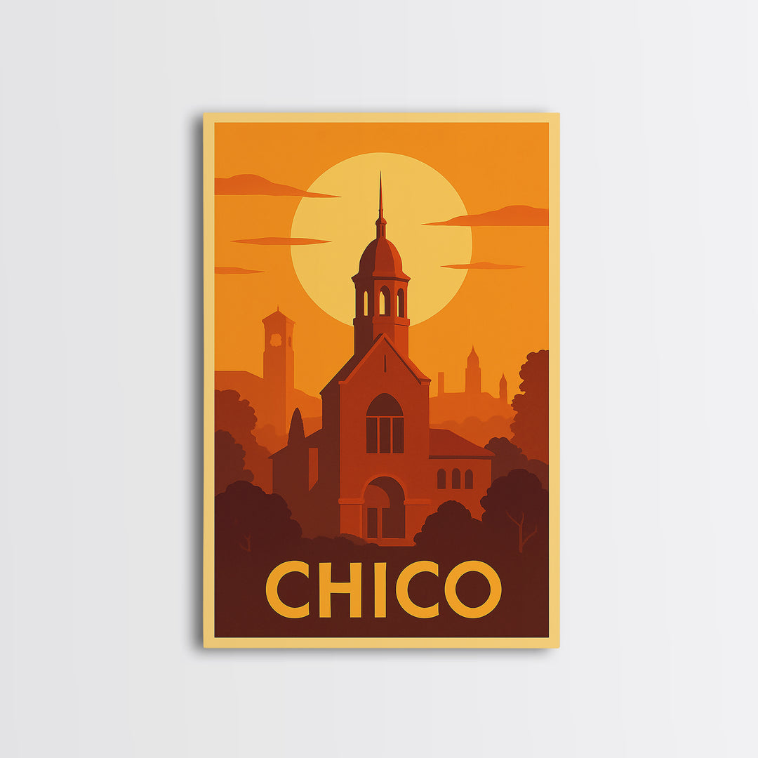 Chico Travel Poster, Framed Canvas Print, Vintage Deco Wall Art, Chico Poster Print, Gift For Travelers, City Illustration, Retro Poster