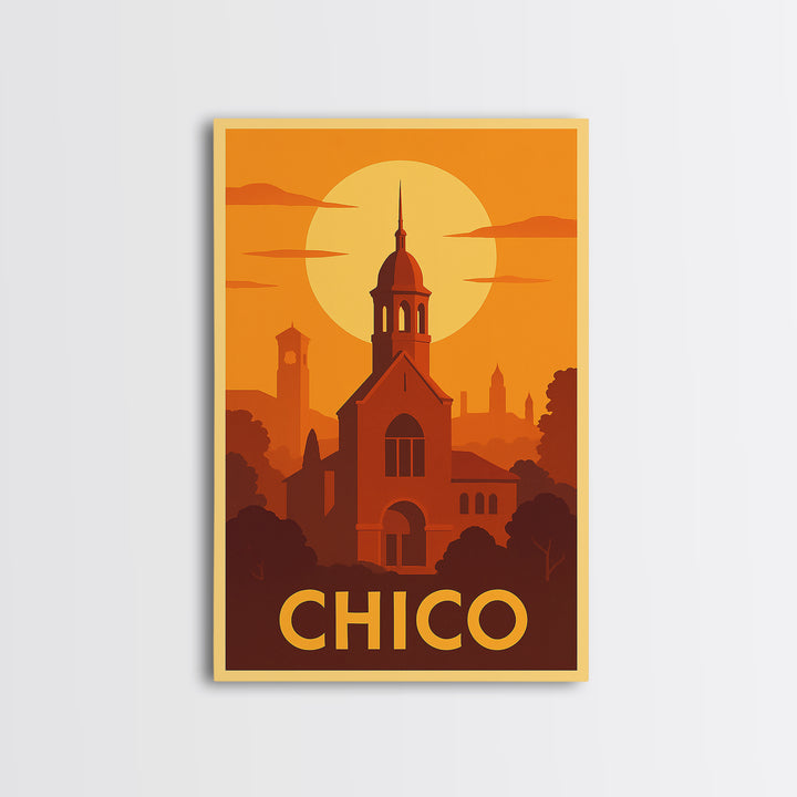 Chico Travel Poster, Framed Canvas Print, Vintage Deco Wall Art, Chico Poster Print, Gift For Travelers, City Illustration, Retro Poster
