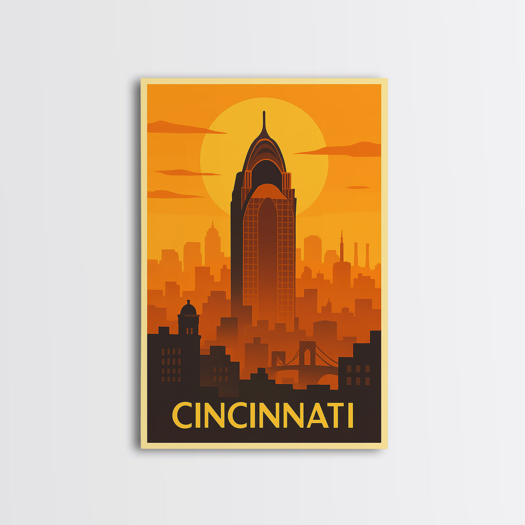 Cincinnati Travel Poster, Framed Canvas Print, Warm Sunset Silhouette Art, Cincinnati Art Print, Retro Travel Print, Gift For Travelers