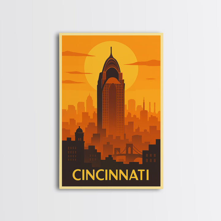 Cincinnati Travel Poster, Framed Canvas Print, Warm Sunset Silhouette Art, Cincinnati Art Print, Retro Travel Print, Gift For Travelers