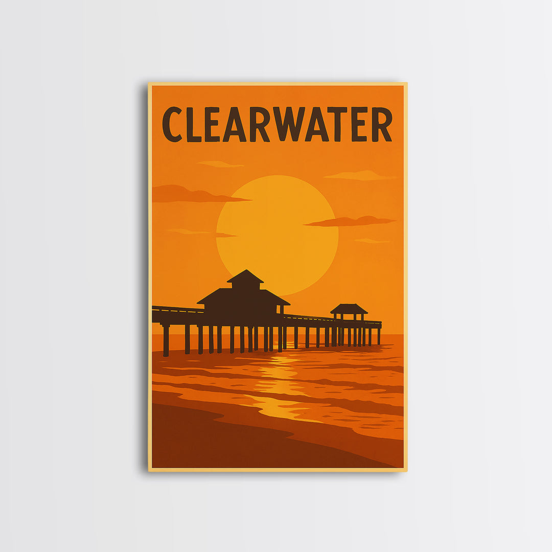 Clearwater Florida Travel Poster, Canvas Print, Warm Sunset Silhouette Art, Clearwater Poster Print, Wall Art, Gift For Travelers