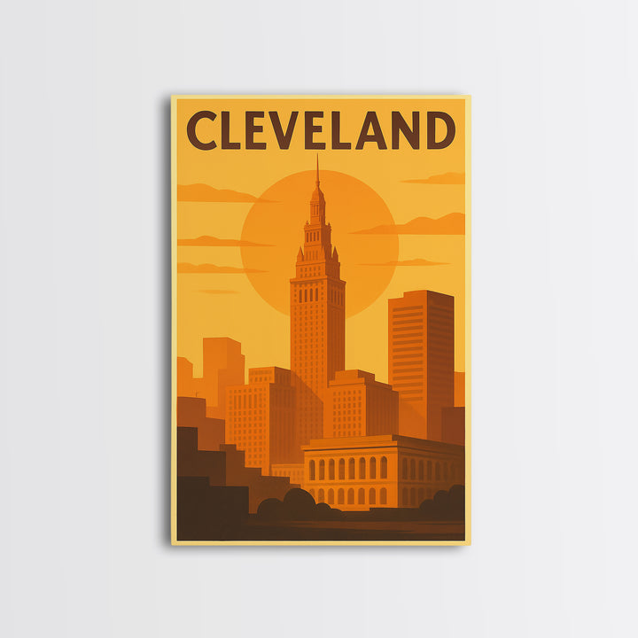Cleveland Ohio Travel Poster, Framed Canvas Print, Golden Travel Poster Art, Cleveland Travel Art, Modern Wall Decor, Travel Poster Art