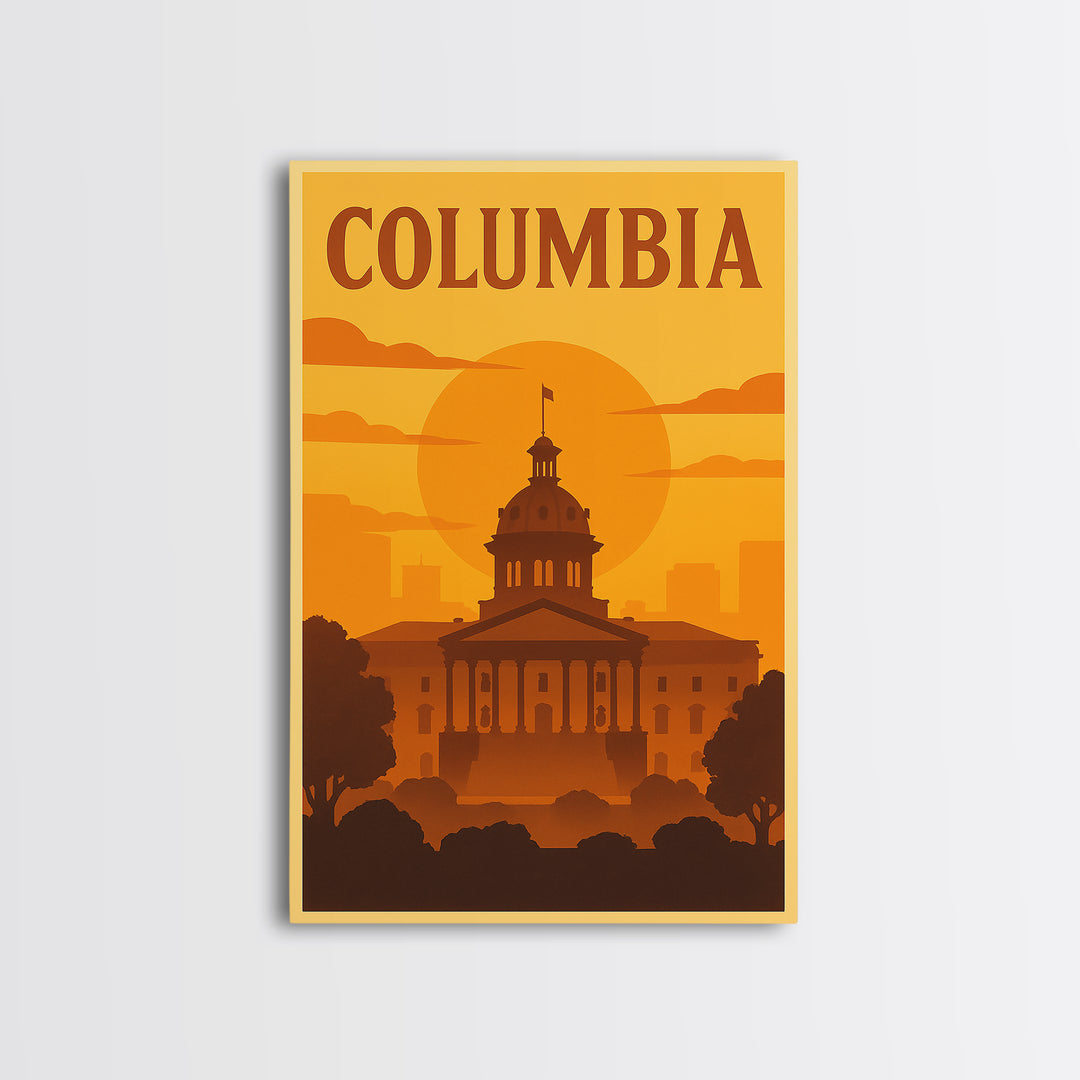 Columbia South Carolina Travel Poster, Canvas Print, Warm Sunset Silhouette Art, Columbia Poster Print, Wall Decor, Watercolor Cityscape