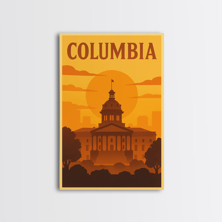 Columbia South Carolina Travel Poster, Canvas Print, Warm Sunset Silhouette Art, Columbia Poster Print, Wall Decor, Watercolor Cityscape