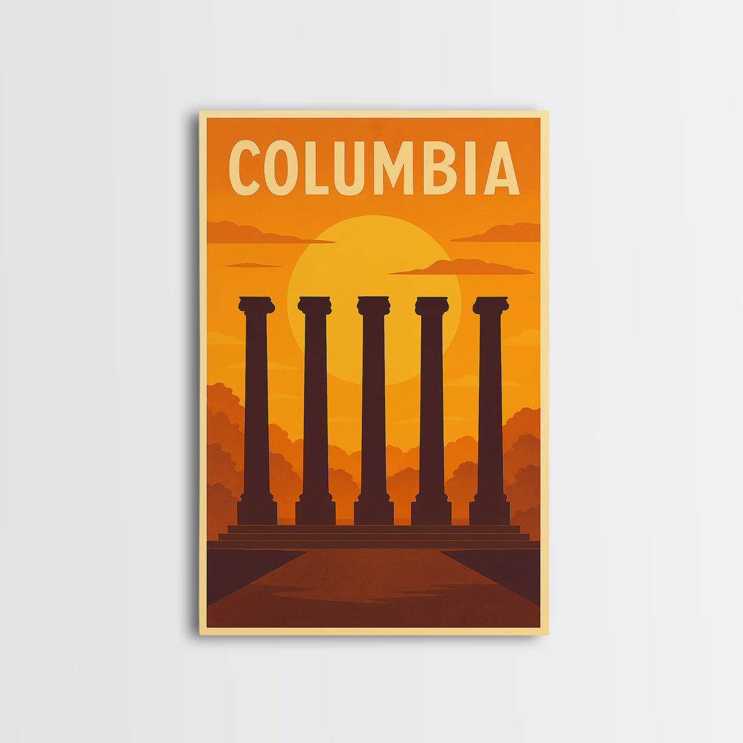 Columbia Travel Poster, Framed Canvas Print, Gold Art Deco Poster Art, Columbia Travel Art, Vintage Travel Art, Travel Art Print