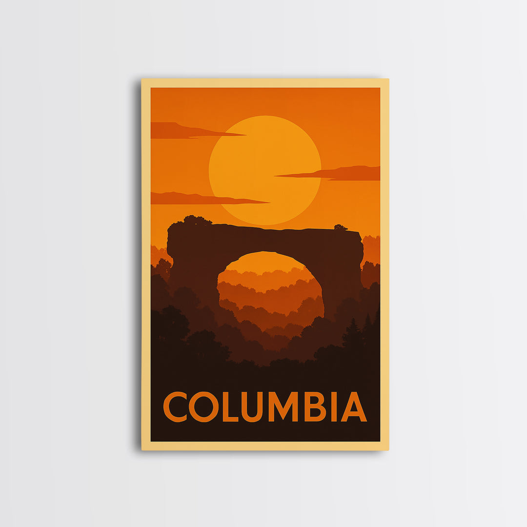 Columbia Travel Poster, Canvas Print, Warm Sunset Silhouette Art, Columbia City Art, Retro Travel Print, Eclectic Wall Decor, Wall Art