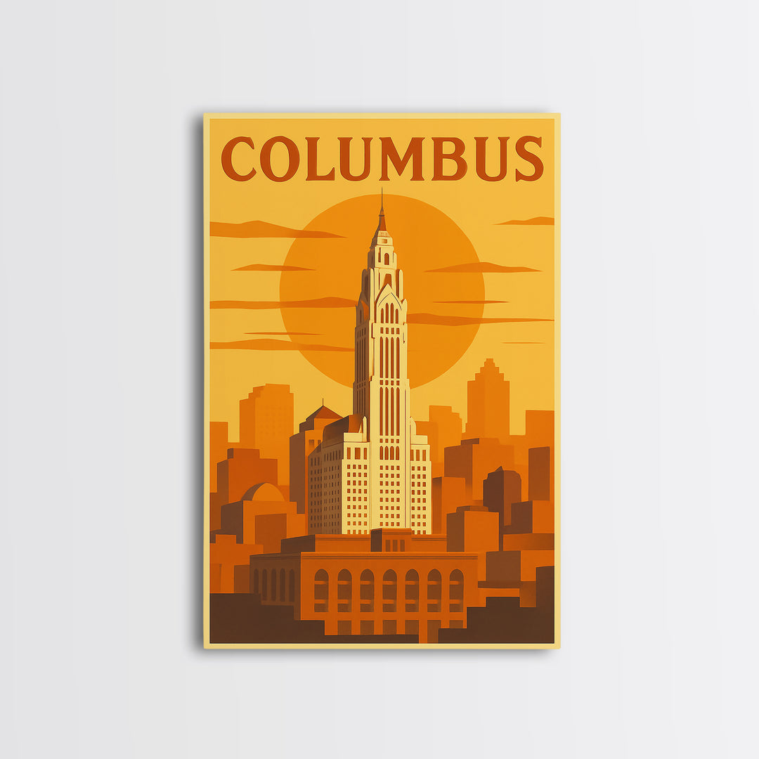 Columbus Travel Poster, Framed Canvas Print, Golden Travel Poster Art, Columbus Travel Art, Wanderlust Decor, City Illustration