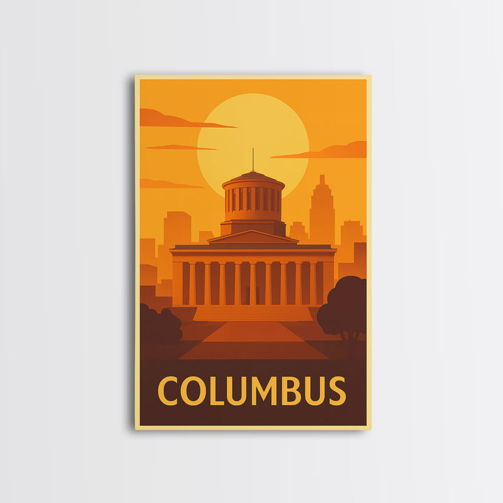 Columbus Travel Poster, Framed Canvas Print, Warm Sunset Silhouette Art, Columbus City Art, Living Room Wall Art, Travel Poster Set