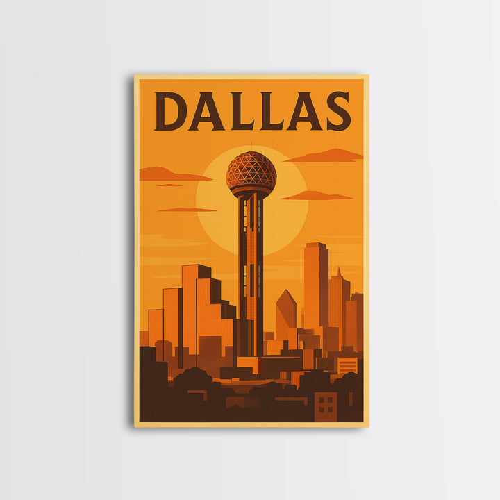 Dallas Texas Travel Poster, Canvas Print, Golden Poster Art, Dallas Wall Art, City Illustration, Mid Century Wall Art, Vintage Travel Art