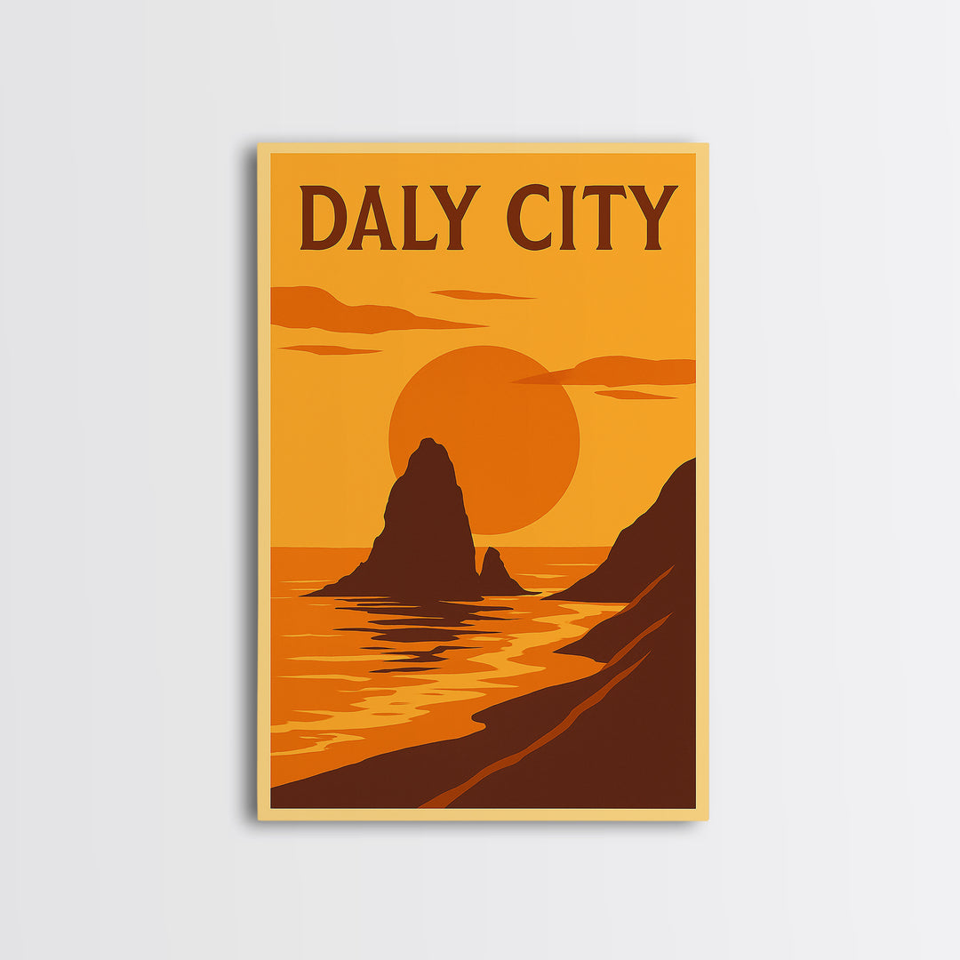 Daly City California Travel Poster, Canvas Print, Warm Sunset Silhouette Art, Daly Art Print, Wanderlust Decor, Gift For Travelers