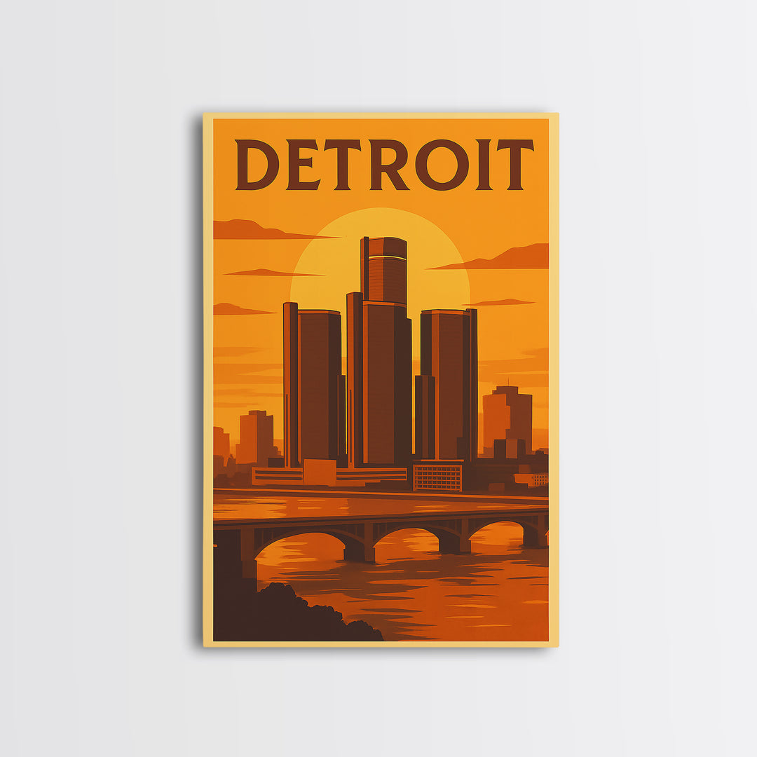 Detroit Michigan Travel Poster, Canvas Print, Warm Sunset Silhouette Art, Detroit Wall Art, City Illustration, Wanderlust Decor, Wall Art