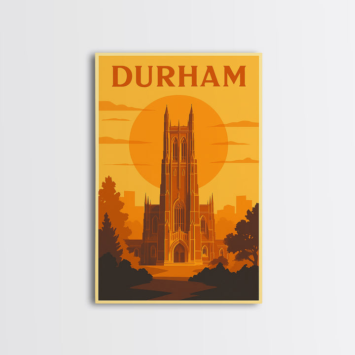 Durham North Carolina Travel Poster, Canvas Print, Warm Sunset Silhouette Art, Durham Wall Art, Vintage City Art, Travel Wall Art