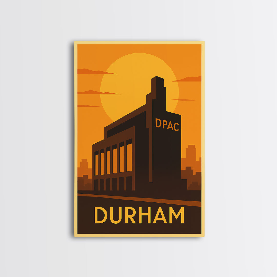 Durham Travel Poster, Framed Canvas Print, Warm Sunset Silhouette Art, Durham Art Print, Retro Travel Print, Vintage Travel Print
