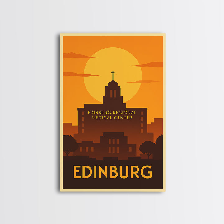 Edinburg Travel Poster, Framed Canvas Print, Golden Travel Poster Art, Edinburg Travel Art, Vintage City Art, City Illustration