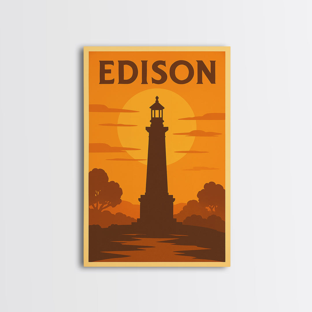 Edison New Jersey Travel Poster, Framed Canvas Print, Warm Sunset Silhouette Art, Edison Art Print, Home Office Decor, Modern Wall Decor