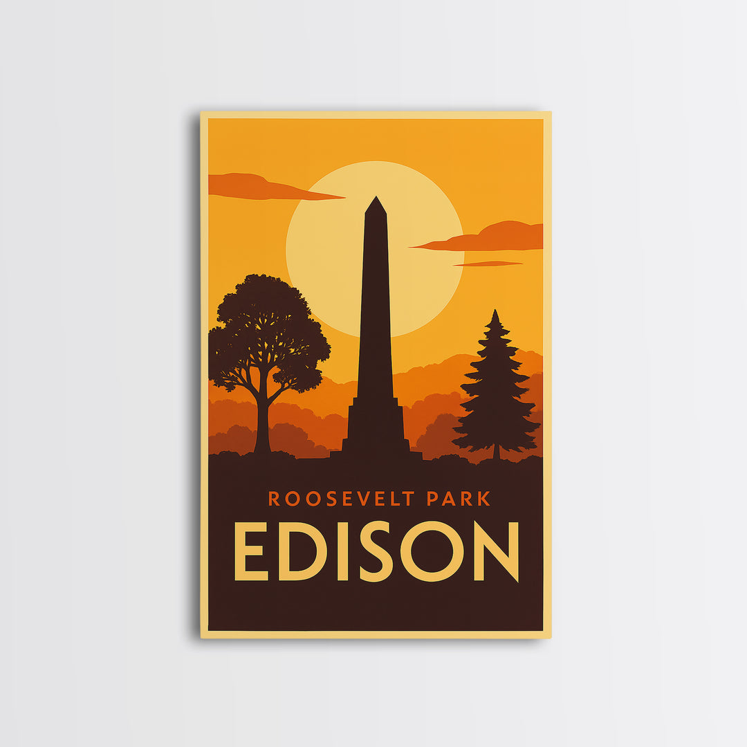 Edison Travel Poster, Canvas Print, Warm Sunset Silhouette Art, Edison Travel Art, Vintage City Poster, Mid Century Wall Art, Art Print