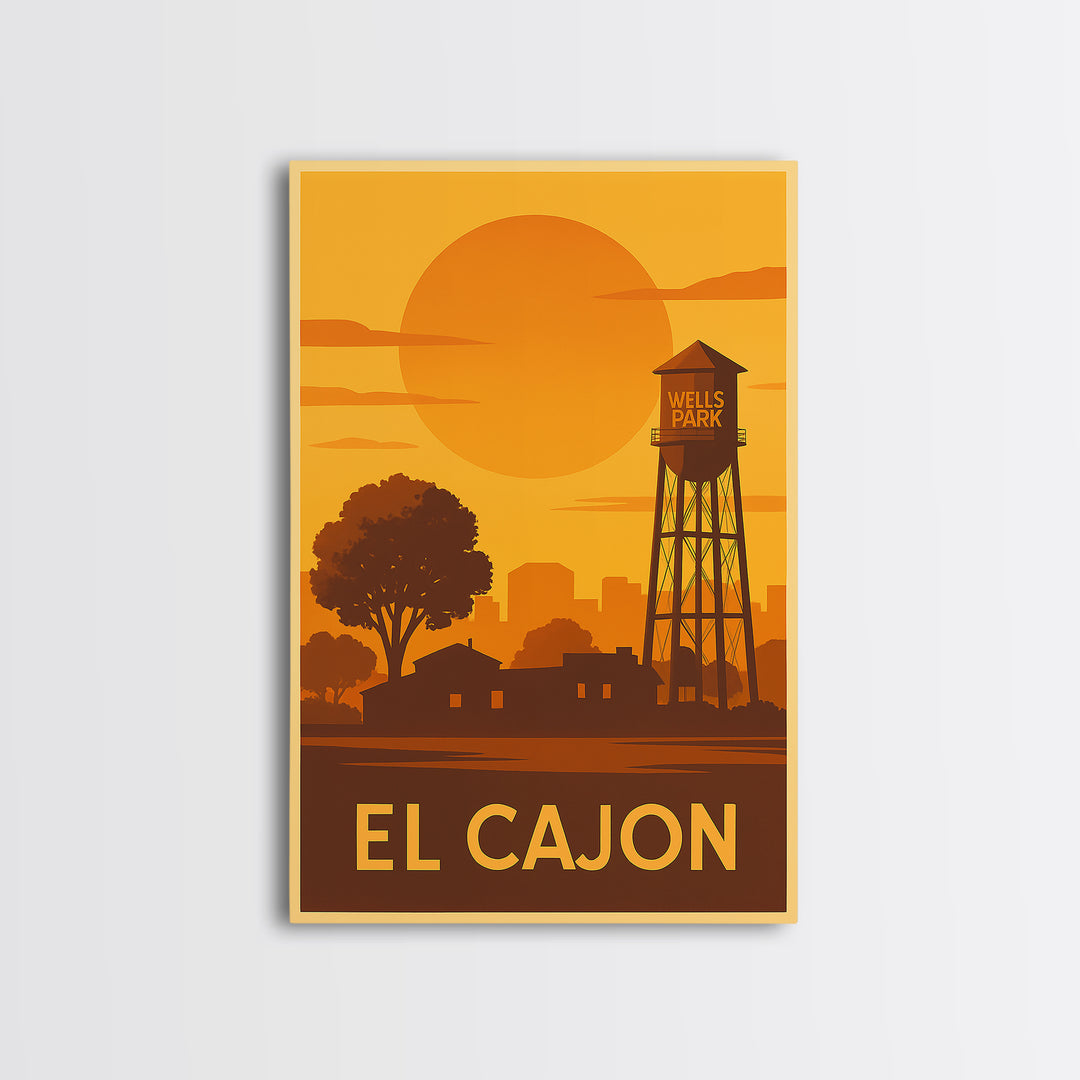 El Cajon Travel Poster, Framed Canvas Print, Golden Travel Poster Art, El Cajon Art Print, Travel Wall Art, City Illustration, Wall Art
