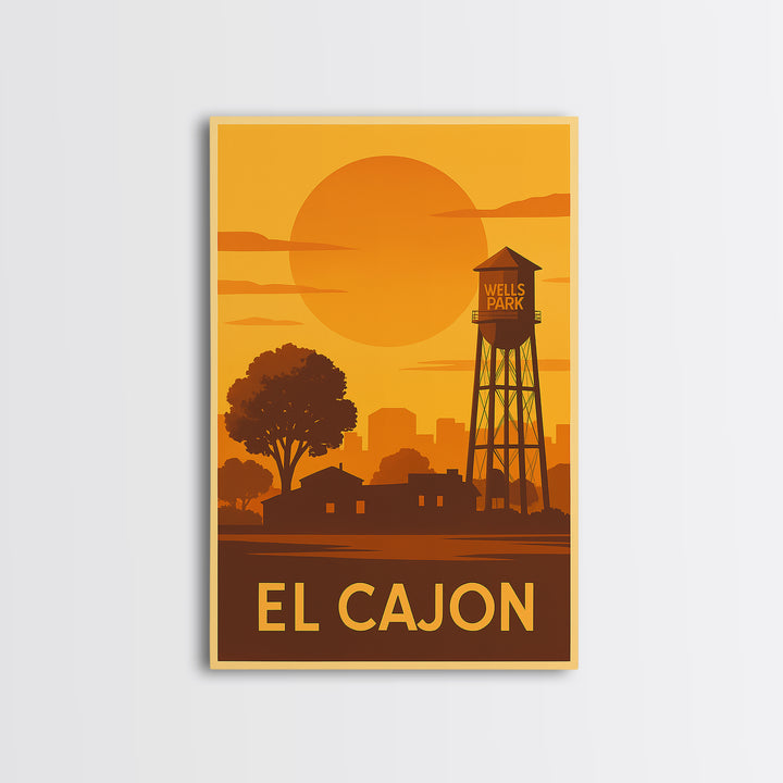 El Cajon Travel Poster, Framed Canvas Print, Golden Travel Poster Art, El Cajon Art Print, Travel Wall Art, City Illustration, Wall Art