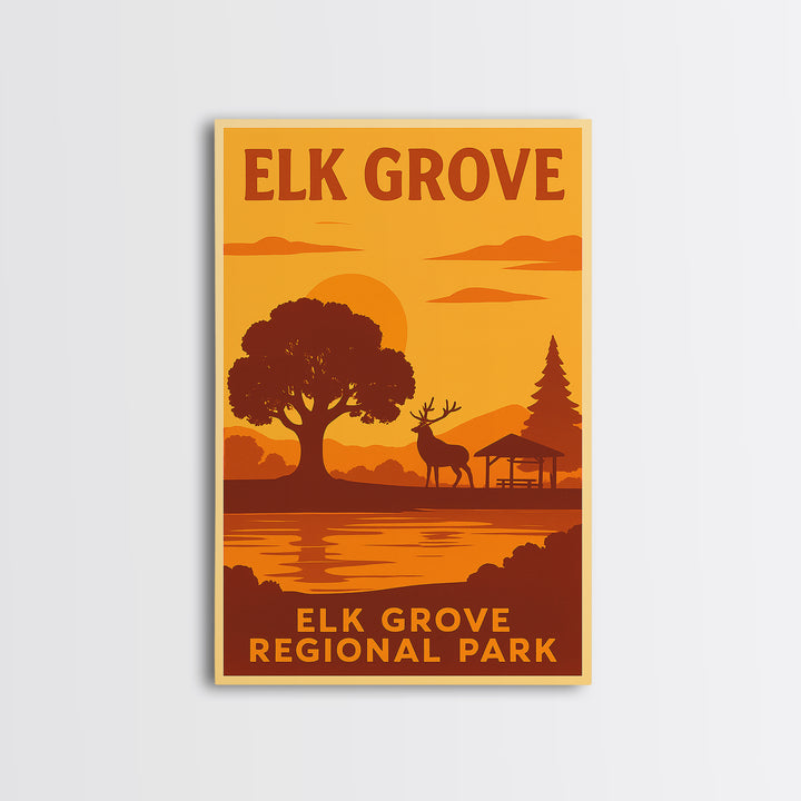 Elk Grove California Travel Poster, Framed Canvas Print, Warm Sunset Silhouette Art, Elk Grove Art Print, City Art Print, City Illustration