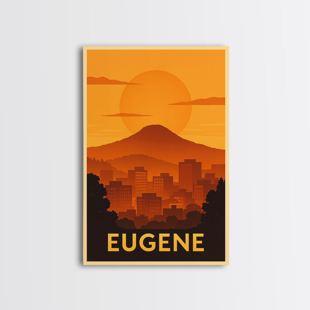 Eugene Travel Poster, Canvas Print, Warm Sunset Silhouette Art, Eugene Wall Art, Living Room Wall Art, City Art Print, Vintage City Poster