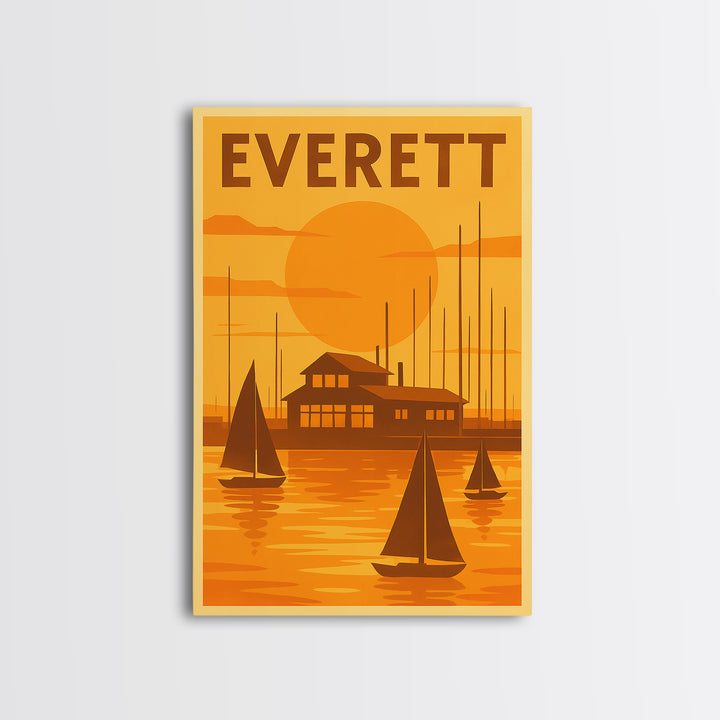 Everett Washington Travel Poster, Canvas Print, Warm Sunset Silhouette Art, Everett Poster Print, Travel Art Print, Vintage City Poster