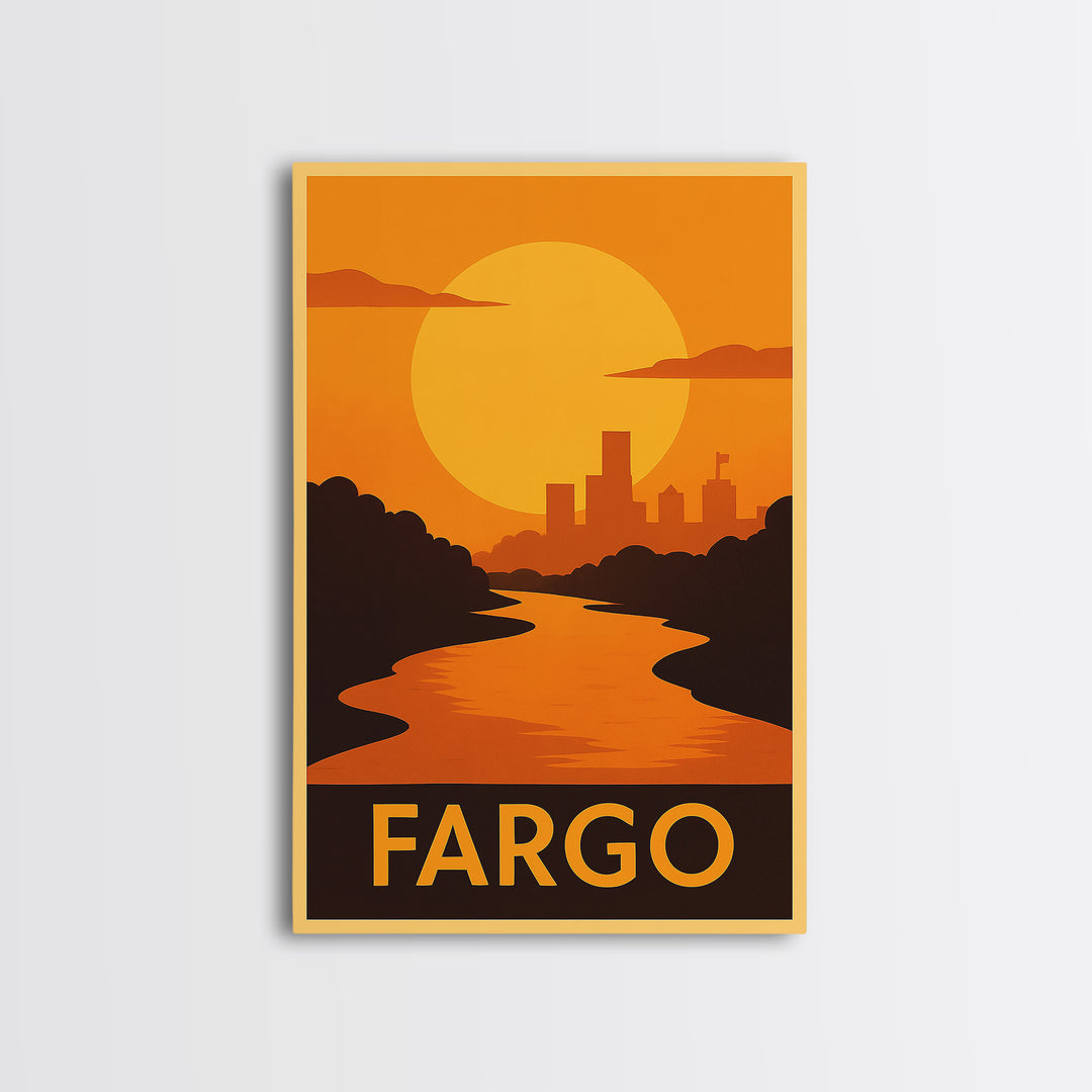 Fargo Travel Poster, Framed Canvas Print, Golden Travel Poster Art, Fargo Travel Art, Mid Century Wall Art, Travel Poster Art, Design 2