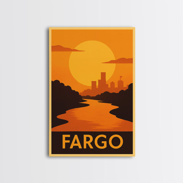 Fargo Travel Poster, Framed Canvas Print, Golden Travel Poster Art, Fargo Travel Art, Mid Century Wall Art, Travel Poster Art, Design 2