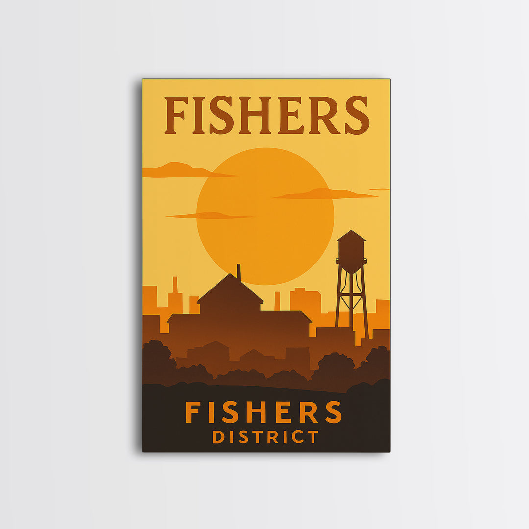 Fishers Indiana Travel Poster, Canvas Print, Gold Art Deco Poster Art, Fishers Wall Art, Travel Poster Set, Watercolor Downtown Skyline