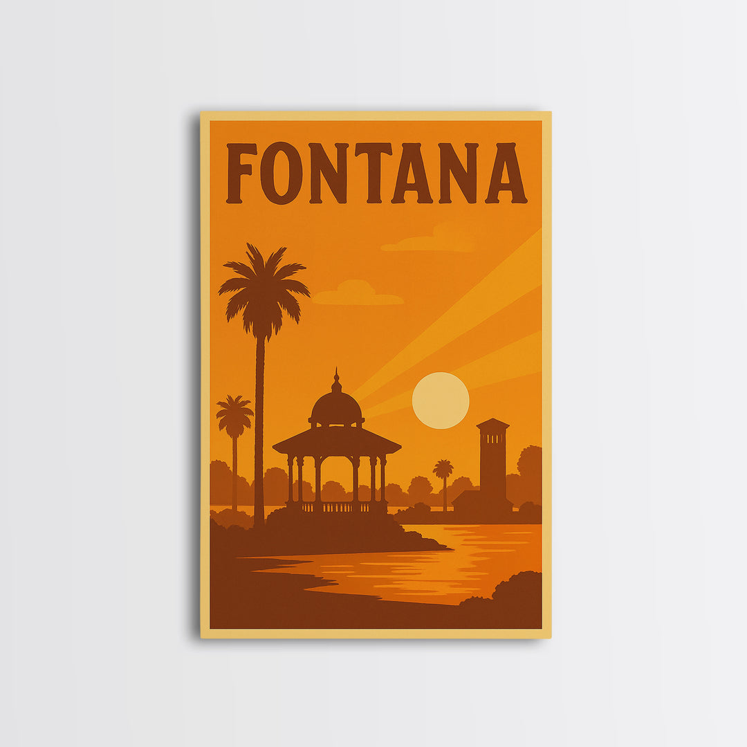 Fontana California Travel Poster, Canvas Print, Warm Sunset Silhouette Art, Fontana Travel Art, City Travel Prints, Travel Art, Home Decor