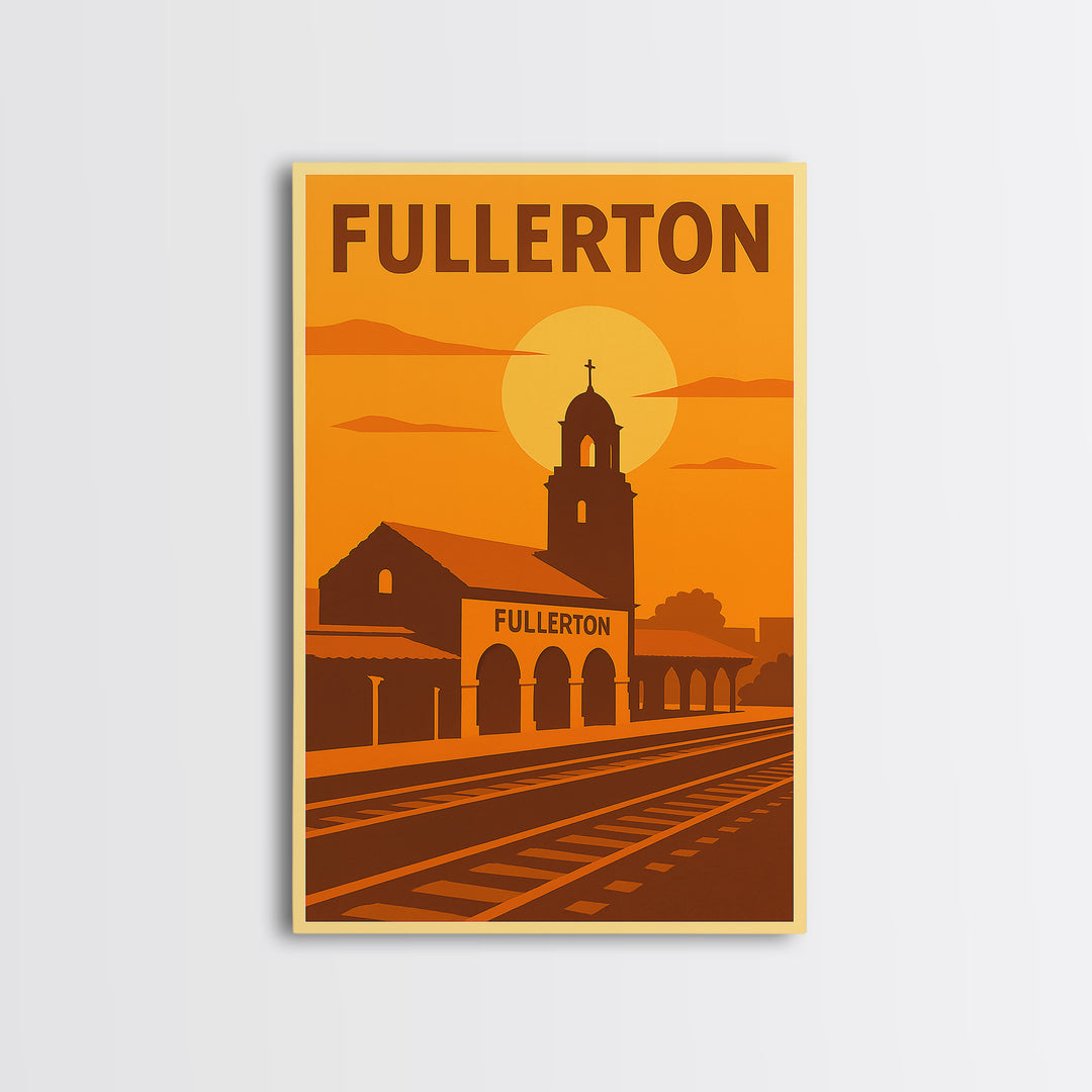 Fullerton California Travel Poster, Canvas Print, Warm Sunset Silhouette Art, Fullerton City Art, Retro Travel Print, Wall Decor, Poster Art