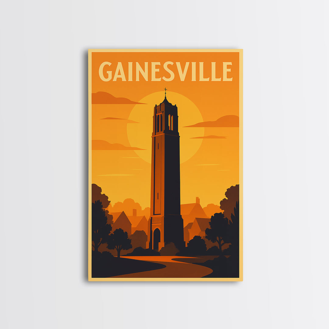 Gainesville Florida Travel Poster, Canvas Print, Gold Art Deco Poster Art, Gainesville Wall Art, City Travel Prints, Travel Art Print