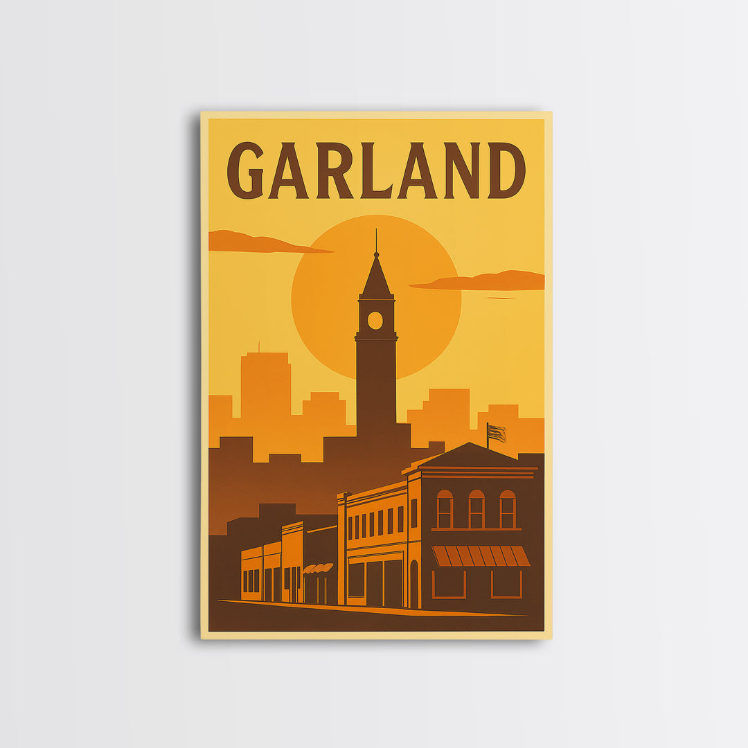 Garland Texas Travel Poster, Framed Canvas Print, Golden Travel Poster Art, Garland Art Print, Eclectic Wall Decor, Gift For Travelers