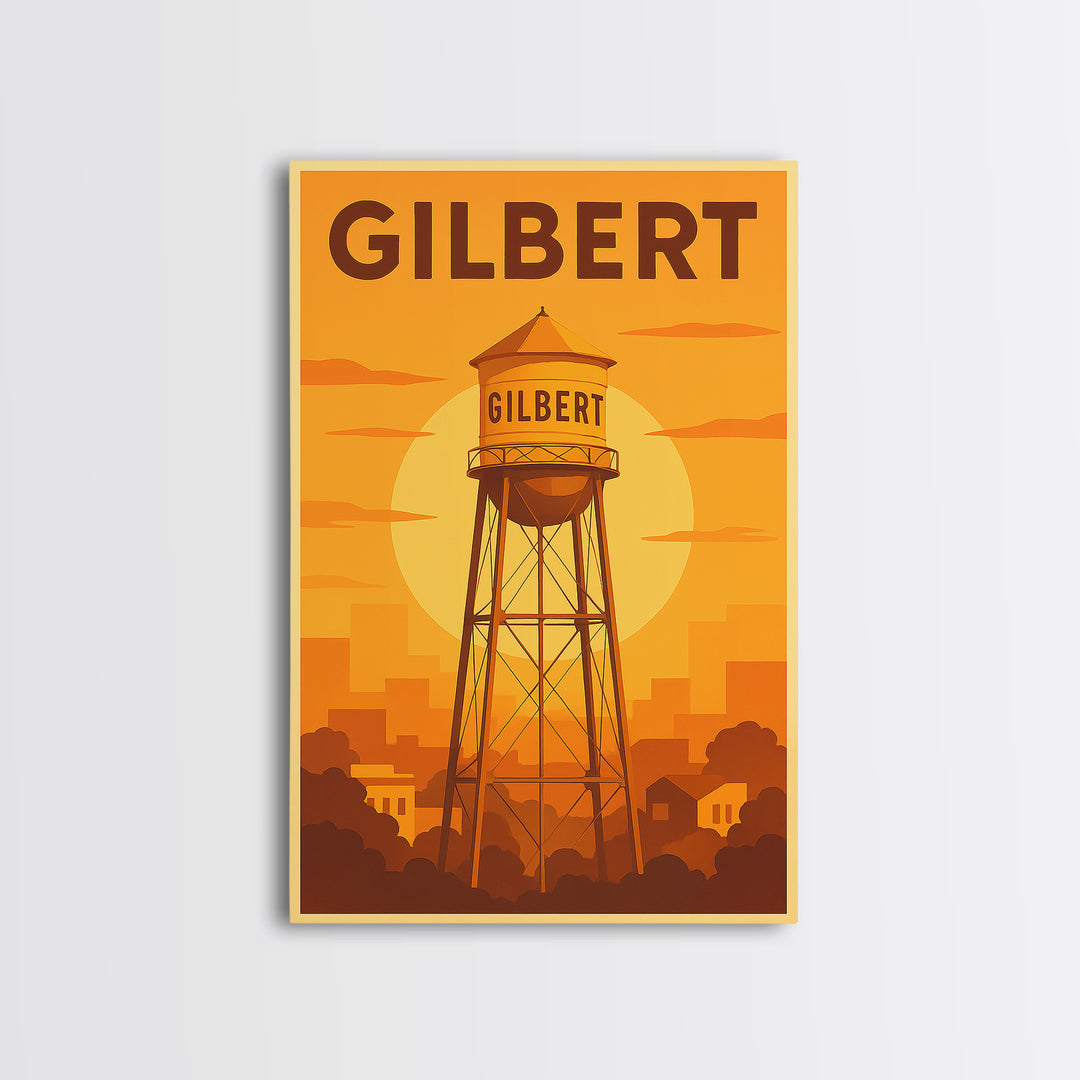 Gilbert Arizona Travel Poster, Canvas Print, Gold Art Deco Poster Art, Gilbert Art Print, Watercolor Skyline, Travel Wall Art, Art Print