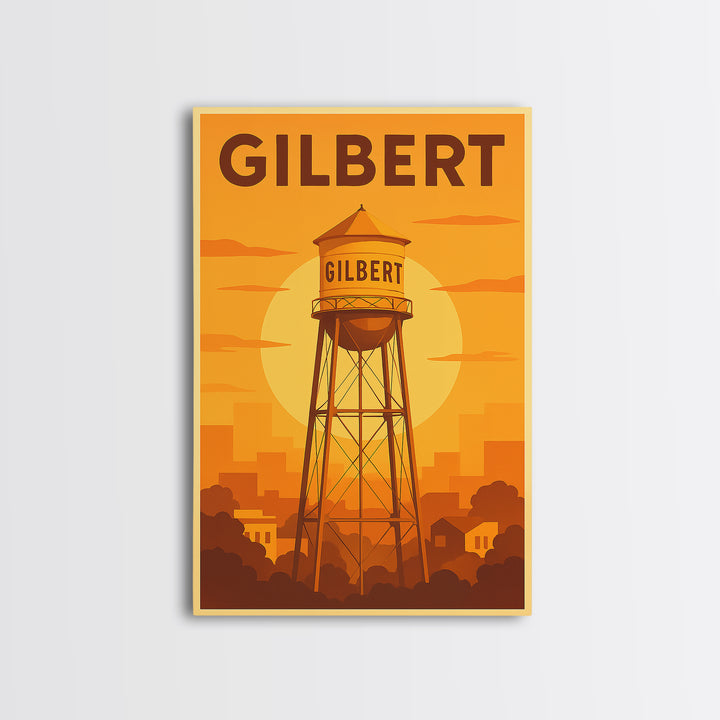 Gilbert Arizona Travel Poster, Canvas Print, Gold Art Deco Poster Art, Gilbert Art Print, Watercolor Skyline, Travel Wall Art, Art Print