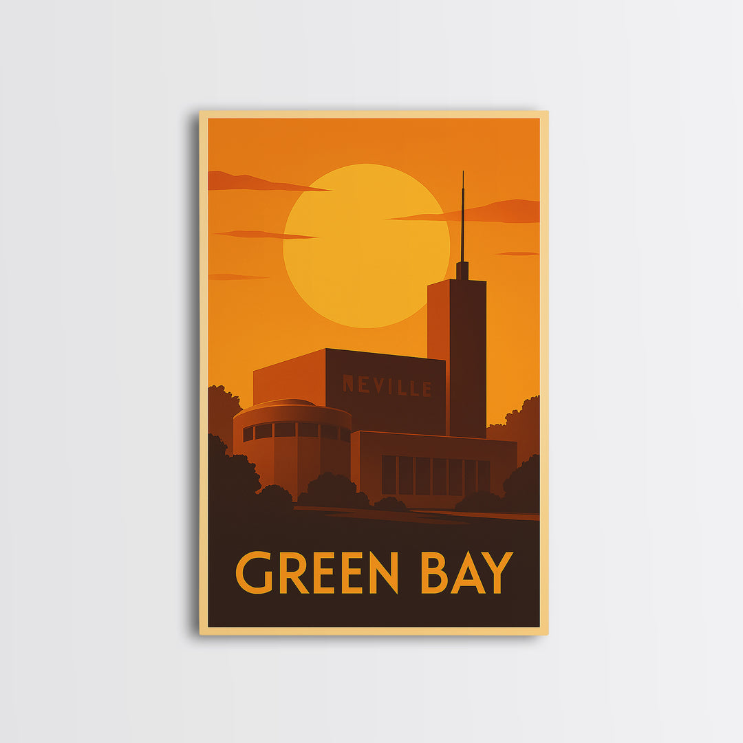 Green Bay Travel Poster, Canvas Print, Warm Sunset Silhouette Art, Green Bay Travel Art, Retro Travel Print, City Illustration
