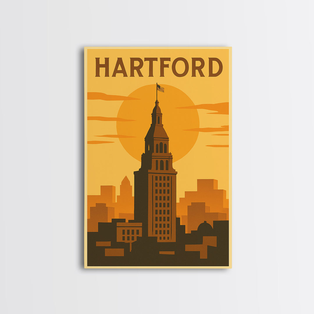 Hartford Connecticut Travel Poster, Canvas Print, Vintage Deco Wall Art, Hartford Travel Art, Poster Art, Skyline Art, Travel Poster Set