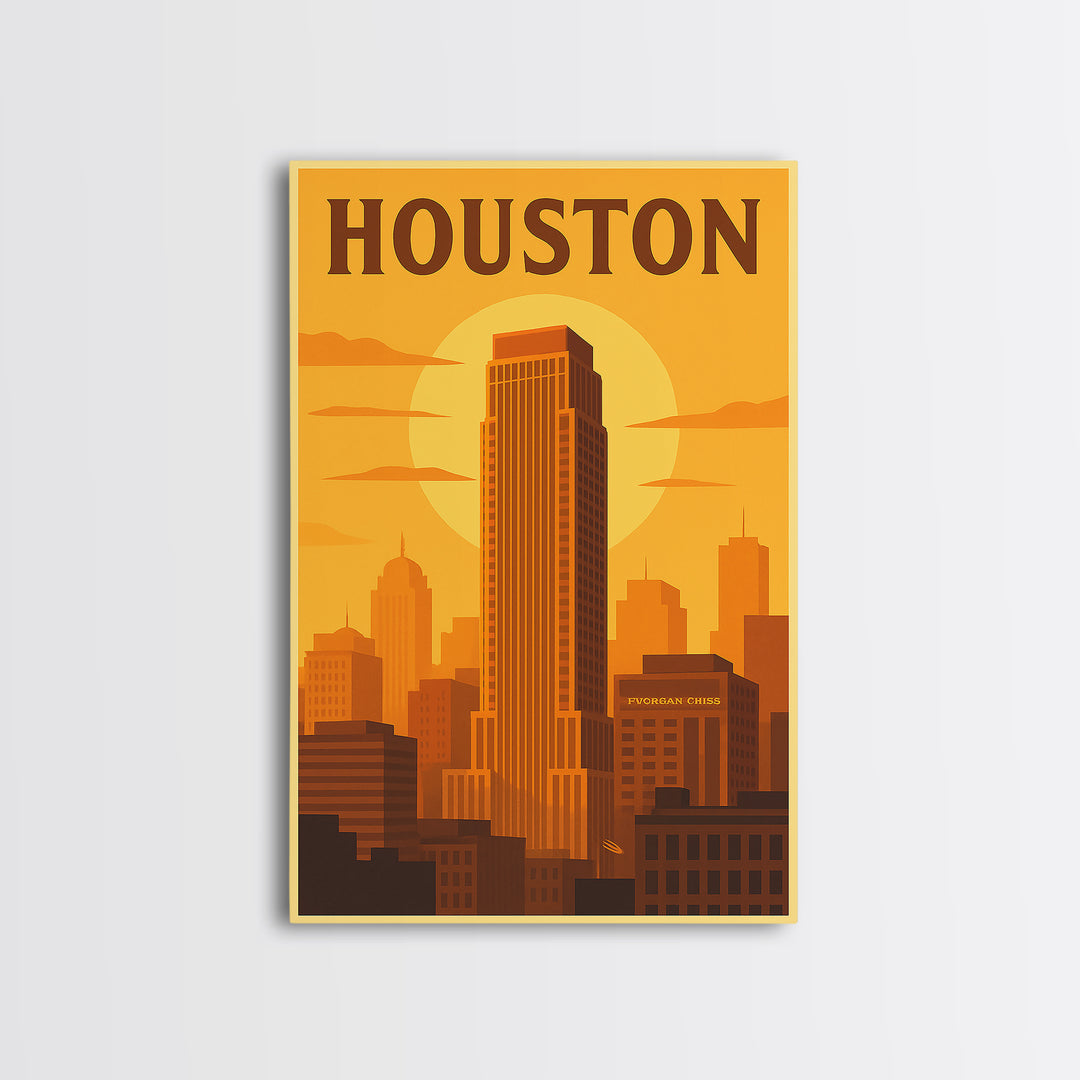 Houston Texas Travel Poster, Canvas Print, Gold Art Deco Poster Art, Houston Travel Art, Wanderlust Decor, Travel Wall Decor, Wall Art