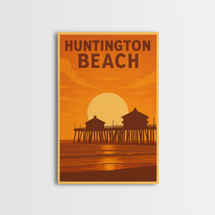 Huntington Beach California Travel Poster, Framed Canvas Print, Warm Sunset Silhouette Art, Huntington Beach Poster Print, City Illustration